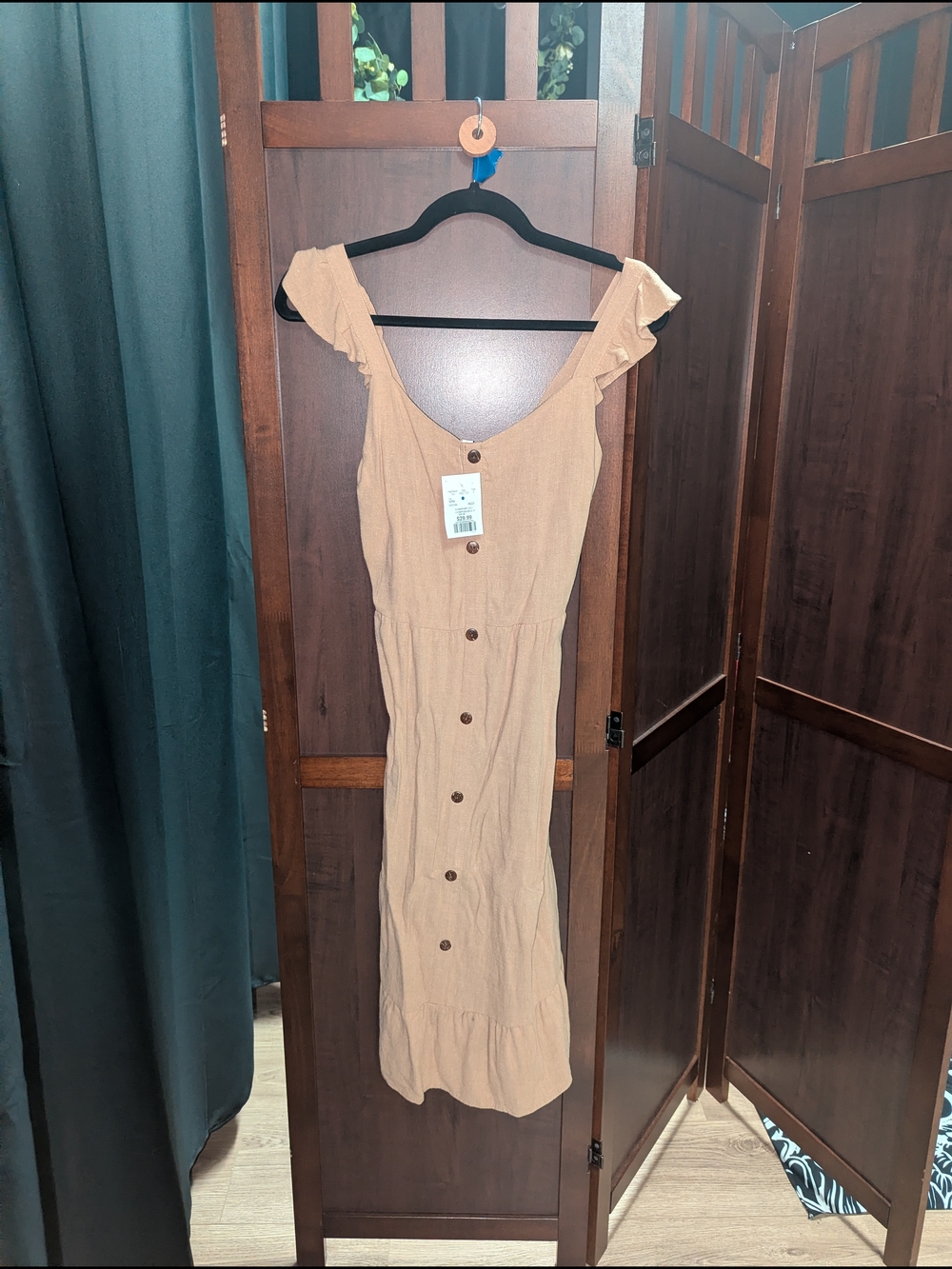 Monteau Beige Button-Front Midi Dress with Ruffle Straps